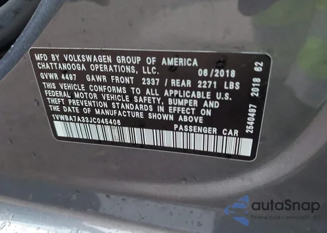 2018 Volkswagen Passat 2.0T Se z USA, uszkodzony, nr VIN 1VWBA7A33JC045406